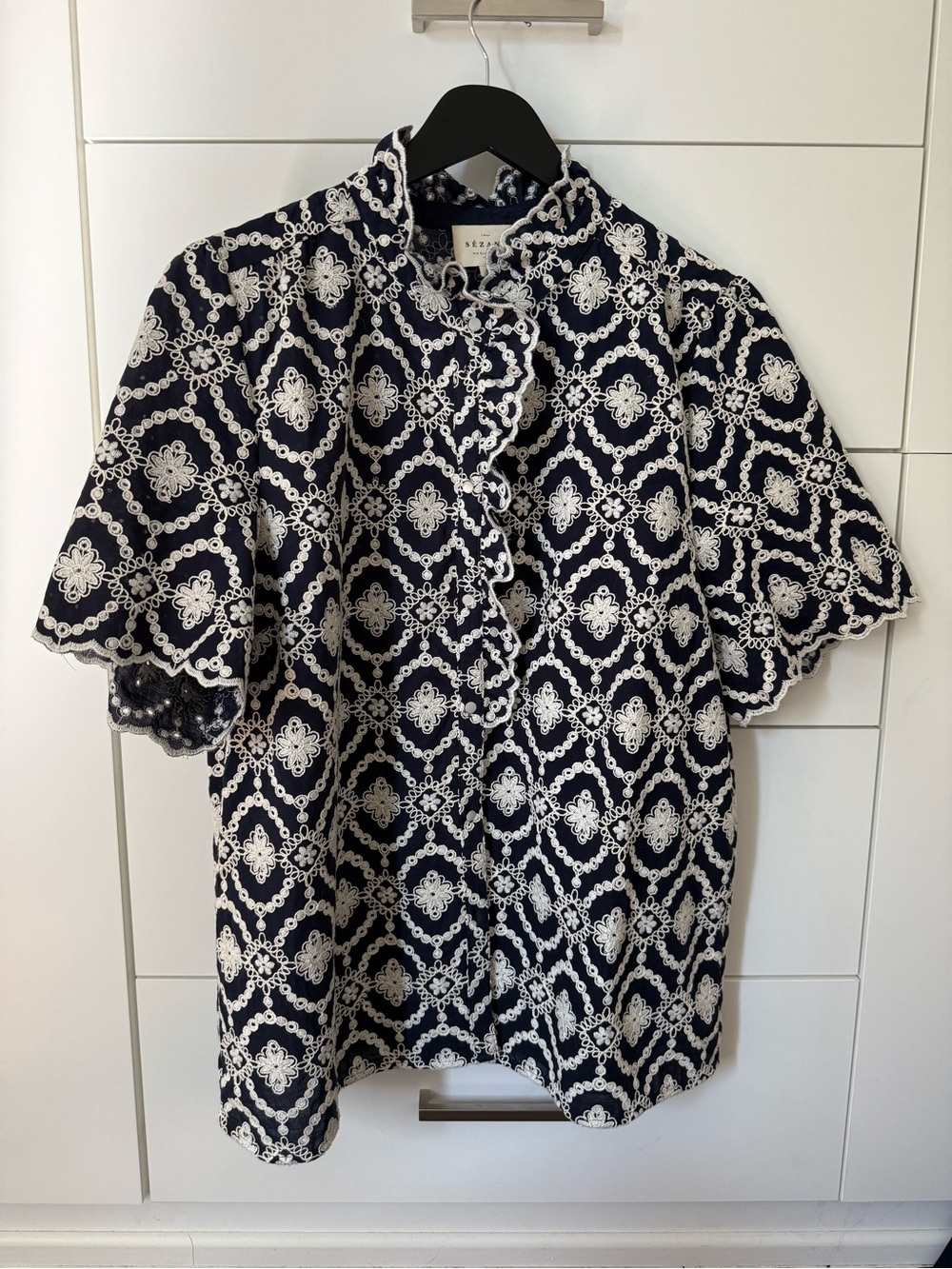 Sézane Navy & Cream Embroidered Short Sleeve Blouse
